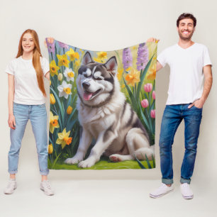 Siberische Husky Hond Lente Bloemen Schilderij Fleece Deken