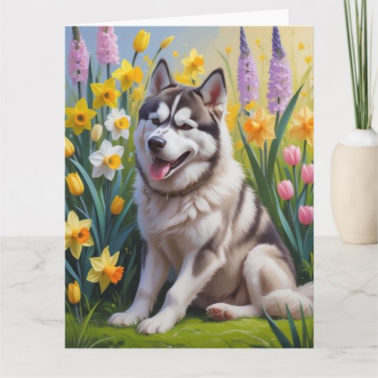 Siberische Husky Hond Lente Bloemen Schilderij Kaart (Voorkant)