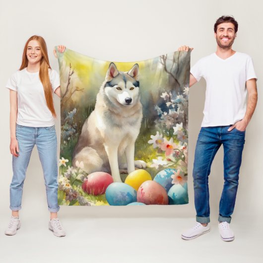 Siberische Husky Hond met Paaseieren Vakantie Fleece Deken (In situ)