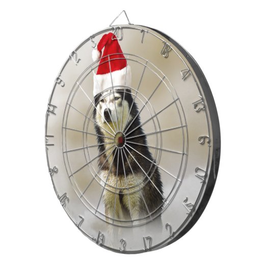 Siberische Husky Hond met Santa Hoed in Sneeuw Dartbord (Voorkant Rechts)