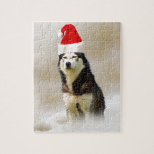 Siberische Husky Hond met Santa Hoed in Sneeuw Legpuzzel