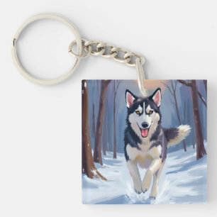 Siberische Husky Hond Schilderij Winter Sleutelhanger