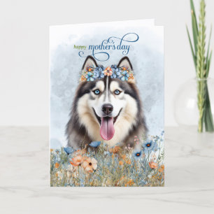 Siberische Husky-hond Wilde Bloemen Moederdag Feestdagen Kaart