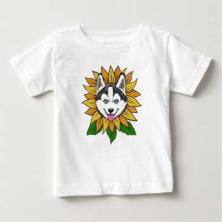 Siberische Husky Honden Gezicht op een Zonnebloem