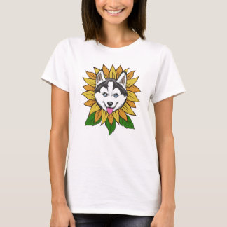 Siberische Husky Honden Gezicht op een Zonnebloem T-shirt