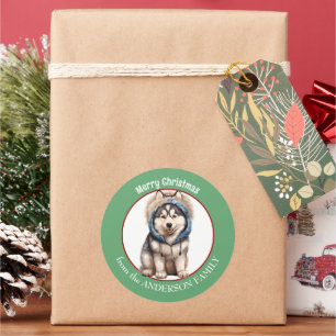 Siberische Husky Hondenpup in Winter Hoodie Kerstm Ronde Sticker