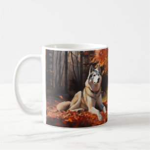 Siberische Husky in de herfst Bladeren vallen Insp Koffiemok