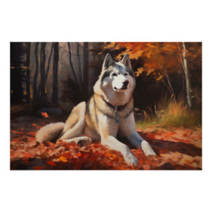 Siberische Husky in de herfst Bladeren vallen Insp Perfect Poster