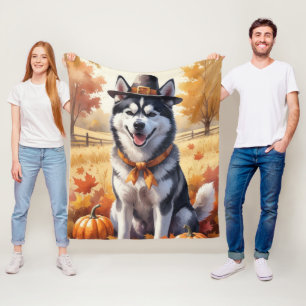 Siberische Husky in herfstbladeren Thanksgiving Ku Fleece Deken