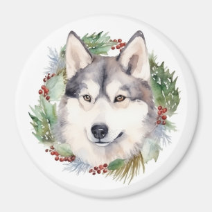 Siberische Husky Kerst Krans Festieve Pup Magneet