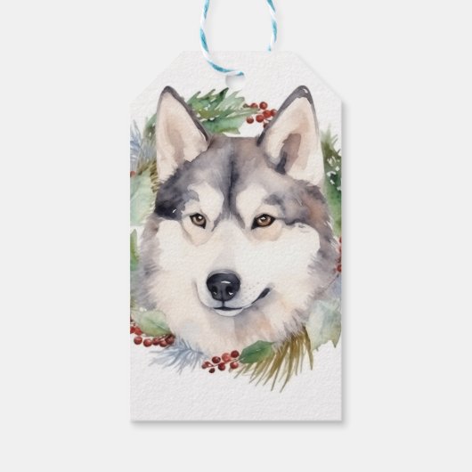 Siberische Husky Kerstkrans Feestelijke Pup Cadeaulabel (Achterkant)