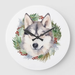 Siberische Husky Kerstkrans Feestelijke Pup Grote Klok