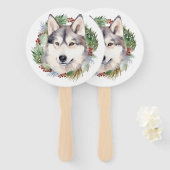 Siberische Husky Kerstkrans Feestelijke Pup Handwaaier (Voorkant en achterkant)