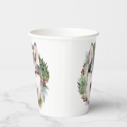 Siberische Husky Kerstkrans Feestelijke Pup Papieren Bekers (Rechts)