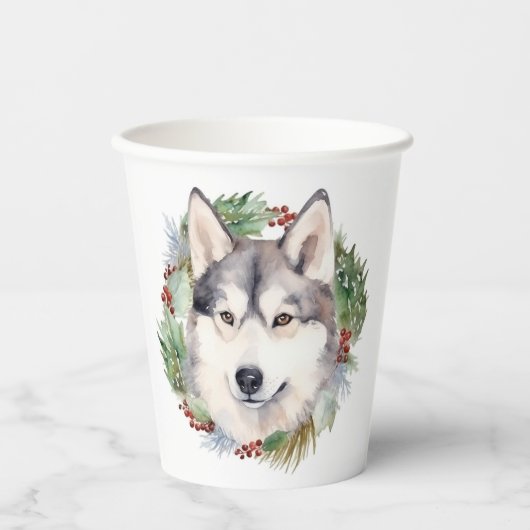 Siberische Husky Kerstkrans Feestelijke Pup Papieren Bekers (Voorkant)