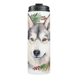 Siberische Husky Kerstkrans Festieve Pup Thermosbeker