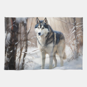 Siberische Husky Laat het Sneeuwen Kerstmis Theedoek