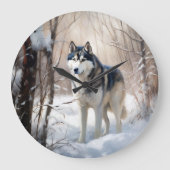 Siberische Husky liet het sneeuwKerstmis Grote Klok (Voorkant)