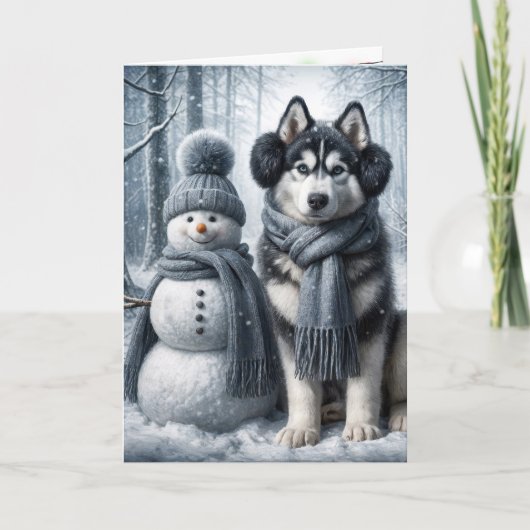Siberische Husky met een sneeuwpop Kaart (Voorkant)