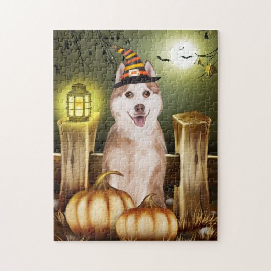Siberische Husky met Heks Pet Halloween Legpuzzel (Verticaal)