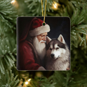 Siberische Husky Met Sinterklaas Feestelijke Kerst Keramisch Ornament