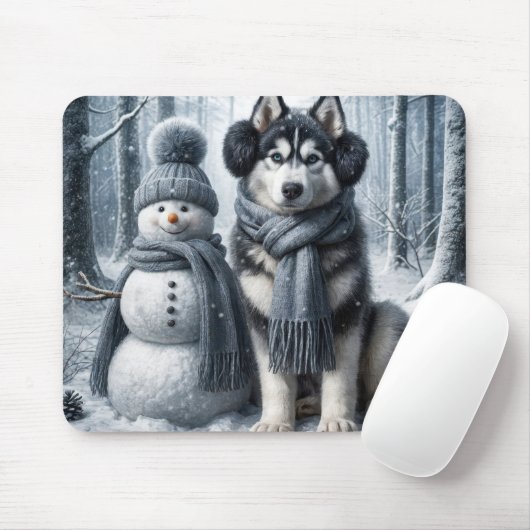 Siberische Husky met sneeuwpop Muismat (Met muis)