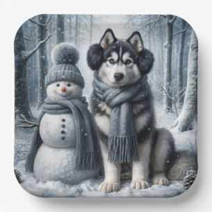 Siberische Husky met sneeuwpop Papieren Bordje