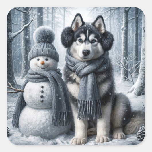 Siberische Husky met sneeuwpop Vierkante Sticker (Voorkant)