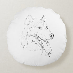 Siberische Husky – Minimalistische hondenlijnteken Rond Kussen