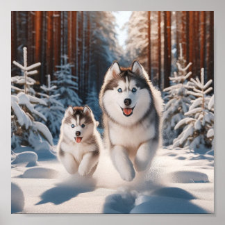 Siberische Husky moeder en haar puppy Poster