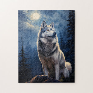 Siberische Husky op een maanverlichte nacht Legpuzzel