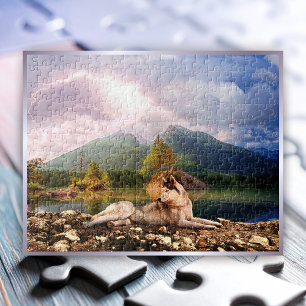 Siberische Husky op Lake Shore in stormachtige Her Legpuzzel