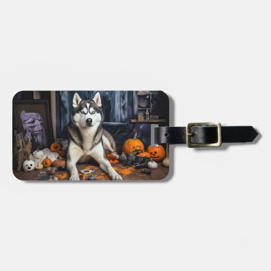 Siberische Husky pompoenen Halloween eng Bagagelabel (Voorkant horizontaal)