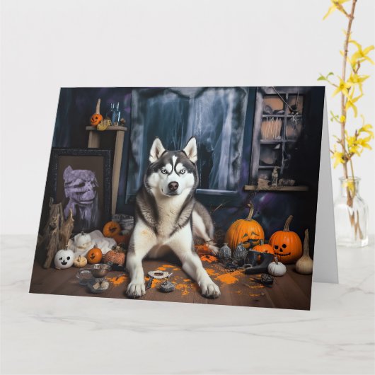 Siberische Husky pompoenen Halloween eng Kaart (Gele Bloem)