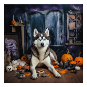 Siberische Husky pompoenen Halloween eng Perfect Poster