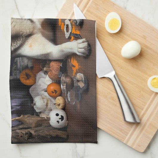 Siberische Husky pompoenen Halloween eng Theedoek (Quarter Fold)