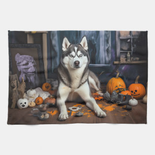 Siberische Husky pompoenen Halloween eng Theedoek