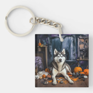 Siberische Husky Pompoenen Halloween Griezelen Sleutelhanger