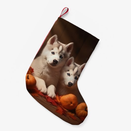 Siberische Husky Puppy Herfst Delight Pompoen Kleine Kerstsok (Voorkant (Hangend))