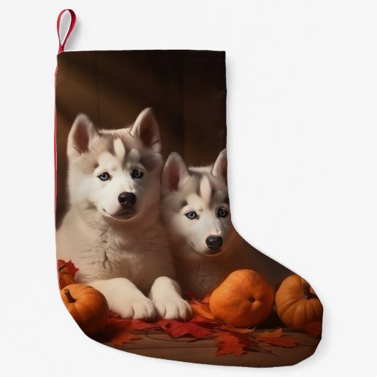 Siberische Husky Puppy Herfst Delight Pompoen Kleine Kerstsok (Voorkant)