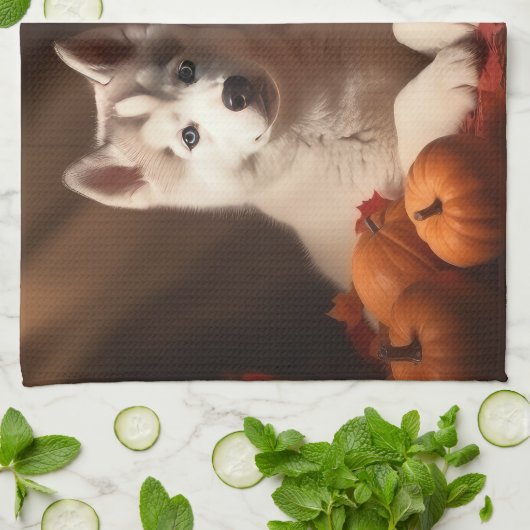 Siberische Husky Puppy Herfst Delight Pompoen Theedoek (Gevouwen)