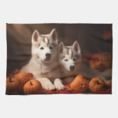 Siberische Husky Puppy Herfst Delight Pompoen Theedoek (Horizontaal)