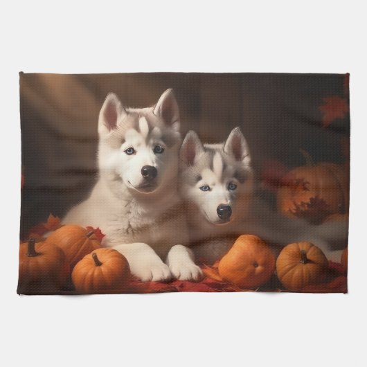 Siberische Husky Puppy Herfst Delight Pompoen Theedoek (Horizontaal)
