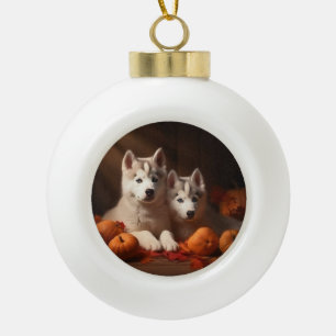 Siberische Husky Puppy Herfst Plezier Pompoen Keramische Bal Ornament