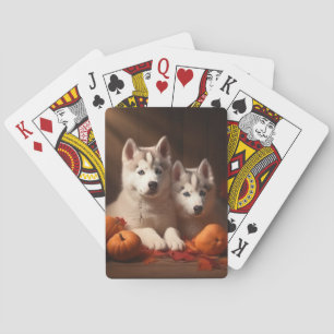Siberische Husky Puppy Herfst Plezier Pompoen Pokerkaarten