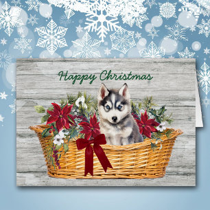 Siberische Husky Puppy in Basket Christmas Kaart