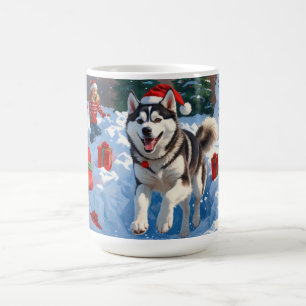 Siberische Husky Rent in de Sneeuw met Kerstmuts Koffiemok