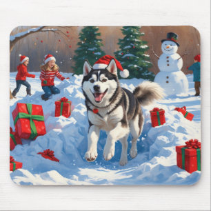 Siberische Husky Rent in de Sneeuw met Kerstmuts Muismat