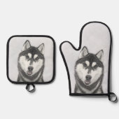 Siberische Husky Schilderij Zwart-wit Dog Art Ovenwant & Pannenlap Set (Voorkant)