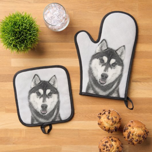 Siberische Husky Schilderij Zwart-wit Dog Art Ovenwant & Pannenlap Set (Top down)